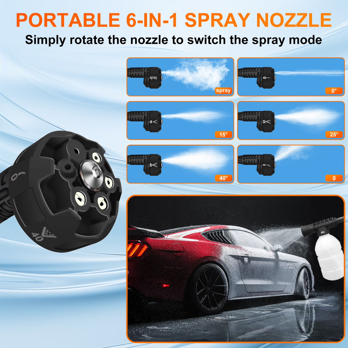 HoseFree pressure washer cleaning a car wheel and removing brake dust